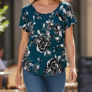 Luxology Teal and White Floral Top